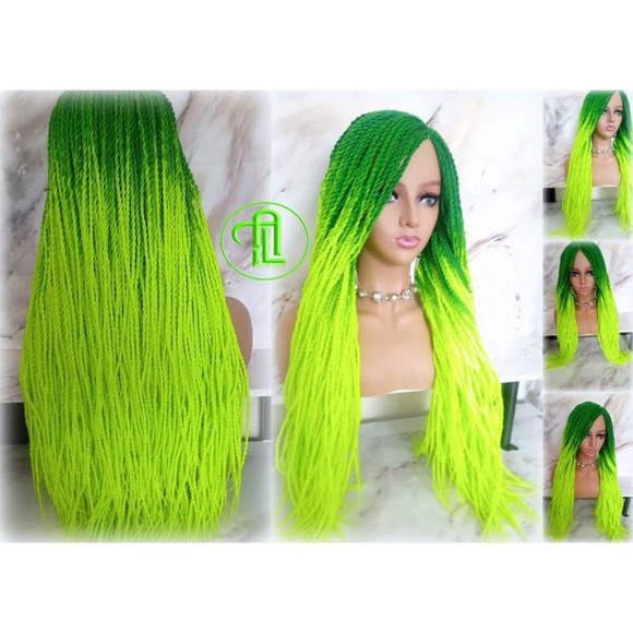 Green Florescent  Ombre Senegalese Twist Braid Wig Glow in The Dark Braids Neon - Picture 7 of 9